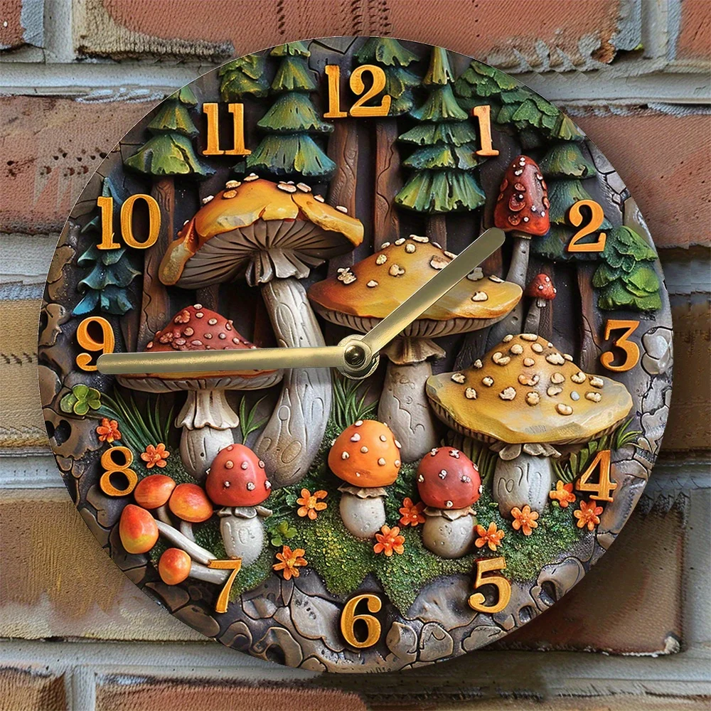 Forest Mushrooms Theme Silent Wall Clock DIY Kit with Dial, High-Definition 2D Print, Includes Movement Mechanism-Artistic