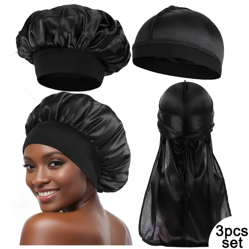 

Unisex Women Men Silk Satin Caps 3PCS Set Durag Bonnet Silky Durags Bandanas for Men Turban Hat Long Tail Sleep Shower Cap