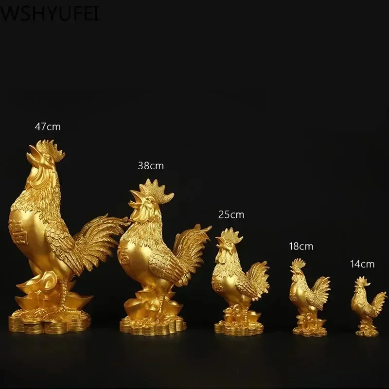 WSHYUFEI decoración de pollo dorado chapado en oro estatua de resina de gallo de la suerte sala de estar TV gabinete figuritas decoraciones chinas