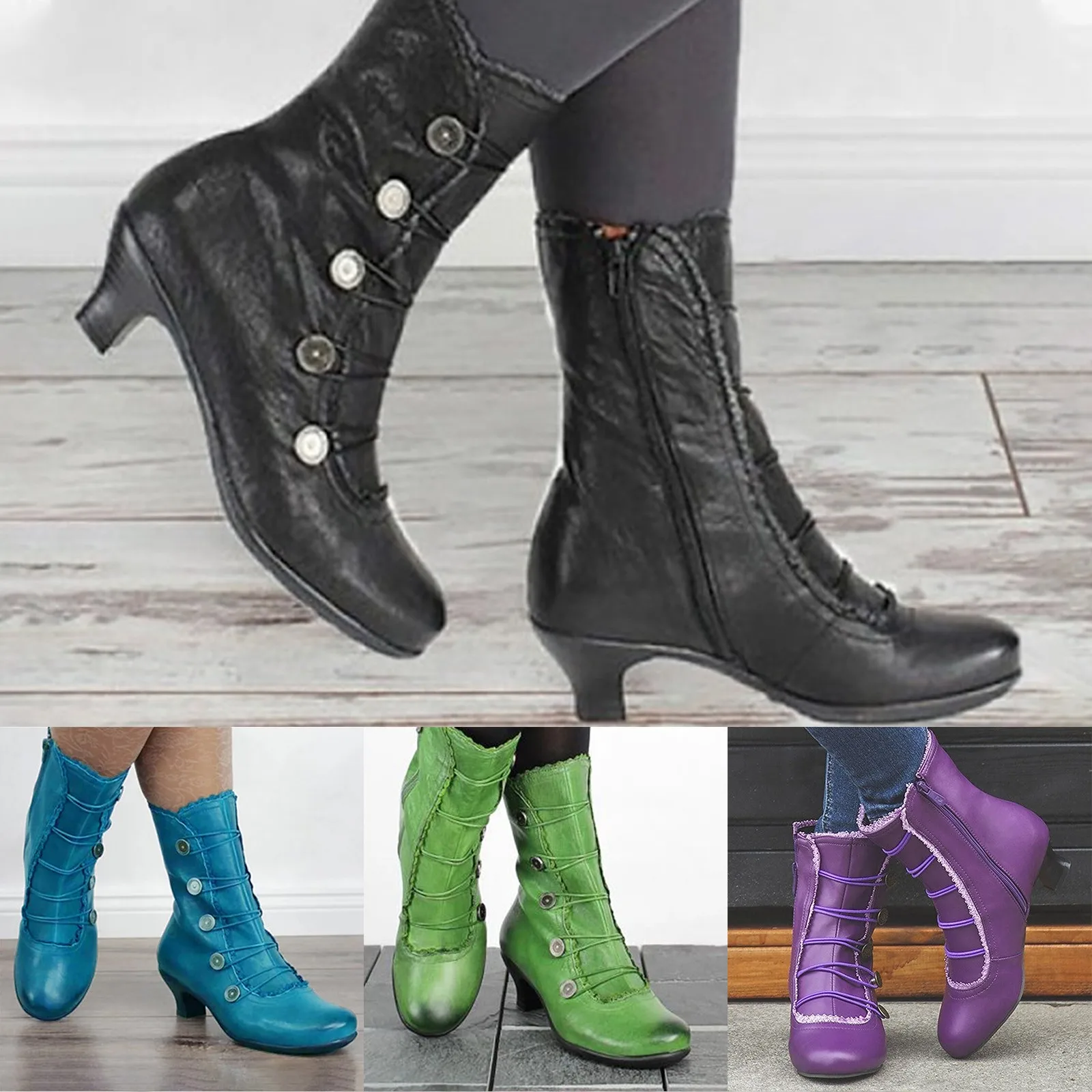 

New Women Short Boot PU Leather Bikerboots High Heel Pointed Toe Boots Women's Victorian Boots Retro Botas Shoes Botas Mujer