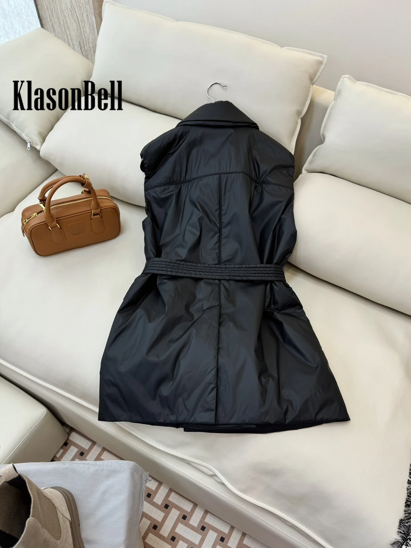8.28 KlasonBell-Women Fashion All-match Camel Hair Sashes Short Vest Double Breasted Lapel Sleeveless Back Split Vest Coat