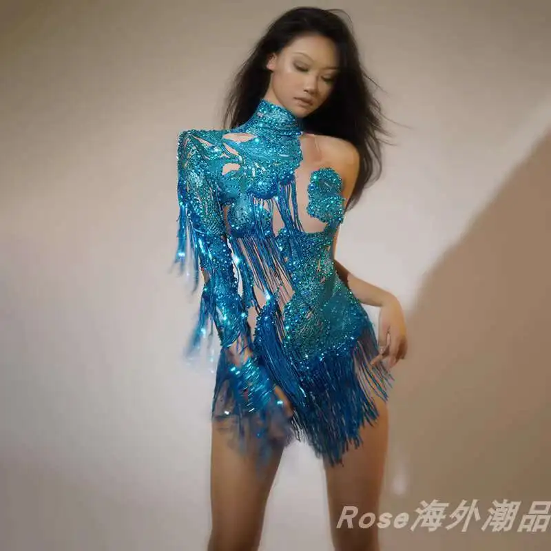 

Unique Peacock Blue Slimming Elegant Tassel Jumpsuit One-Sleeve Design Stage Talent Bar Disco Performance Costume
