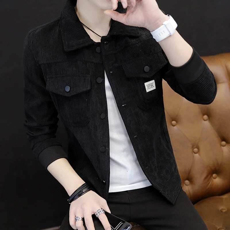 Spring Autumn Corduroy Men's Jacket Slim Fit Fashionable Collar Stand up Long Sleeve Single Button Outerwear Male Outerwear