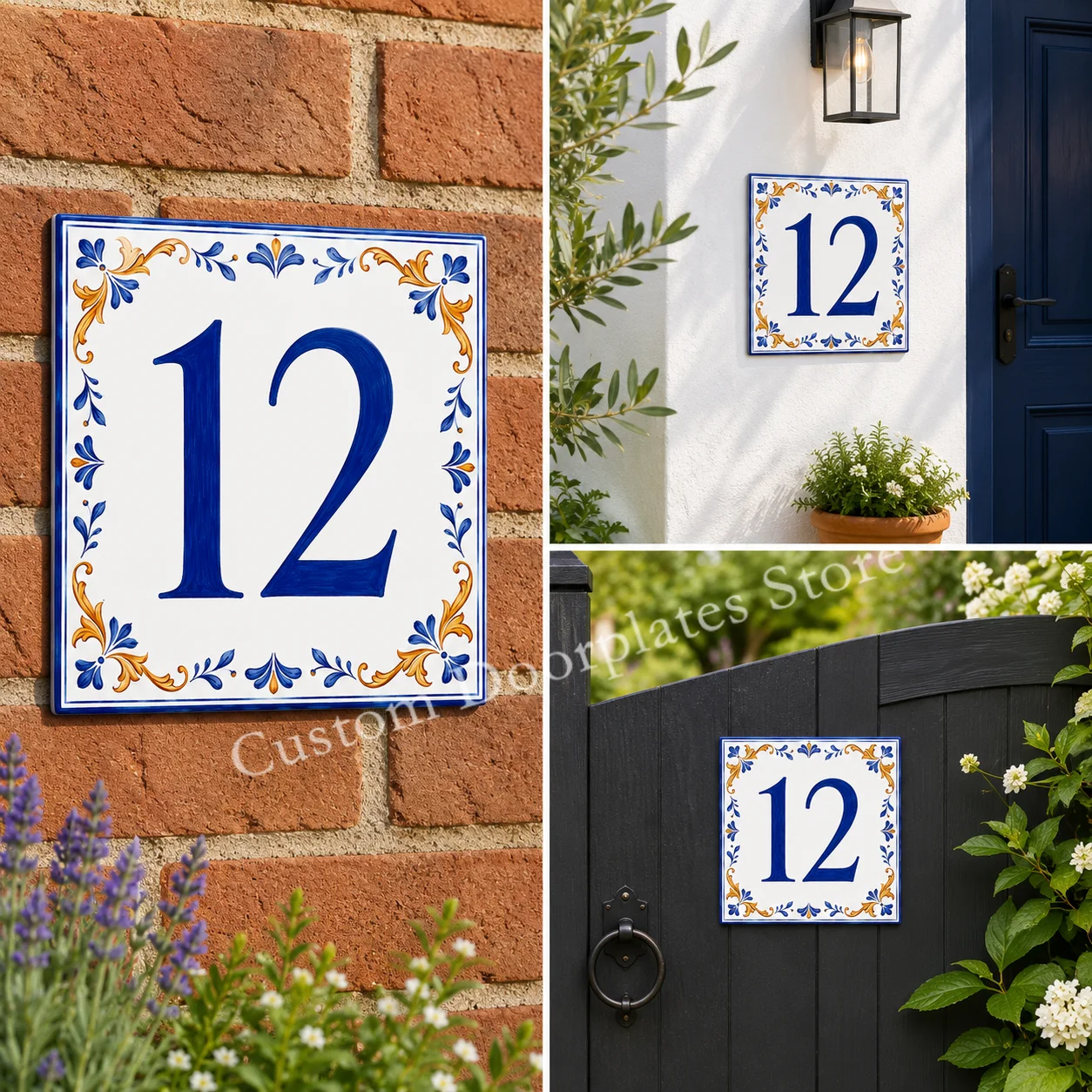 Personalised Acrylic House Number Plaque Spanish Tile Style Door Number Sign UV Printed Outdoor Address Plate for Home Gate Wall
