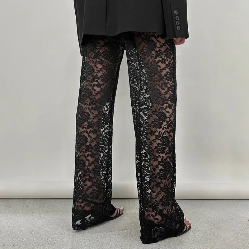 Sexy See Through Lace Pants Women Fashion Solid Color All-match High Waist Straight Trousers Club Commuting Streetwear Female