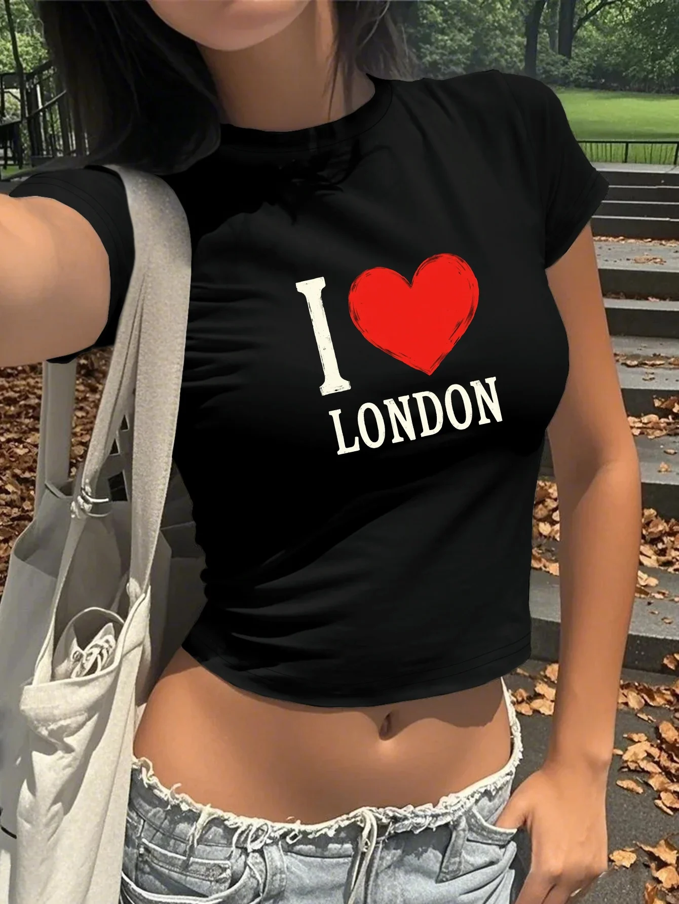Cropped Women's T-Shirt I Love London Graphic Print Baby T-shirt with Red Heart Summer Short Sleeved Harajuku Streetwear Top Tee