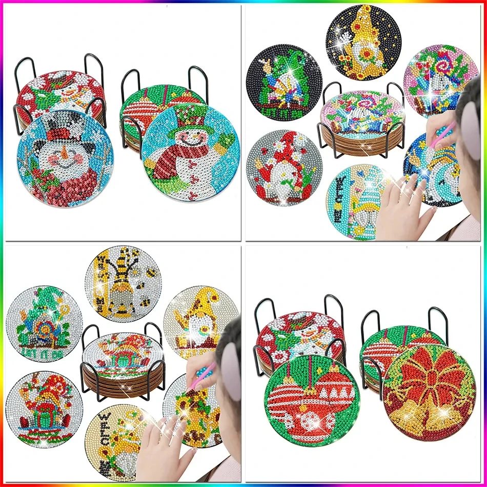 

PhotoCustom 6pcs Diamond Art Coasters With Holder Diy Christmas Pattern Drink Cup Cushion Strong Adhesion Diamond Painting Kits