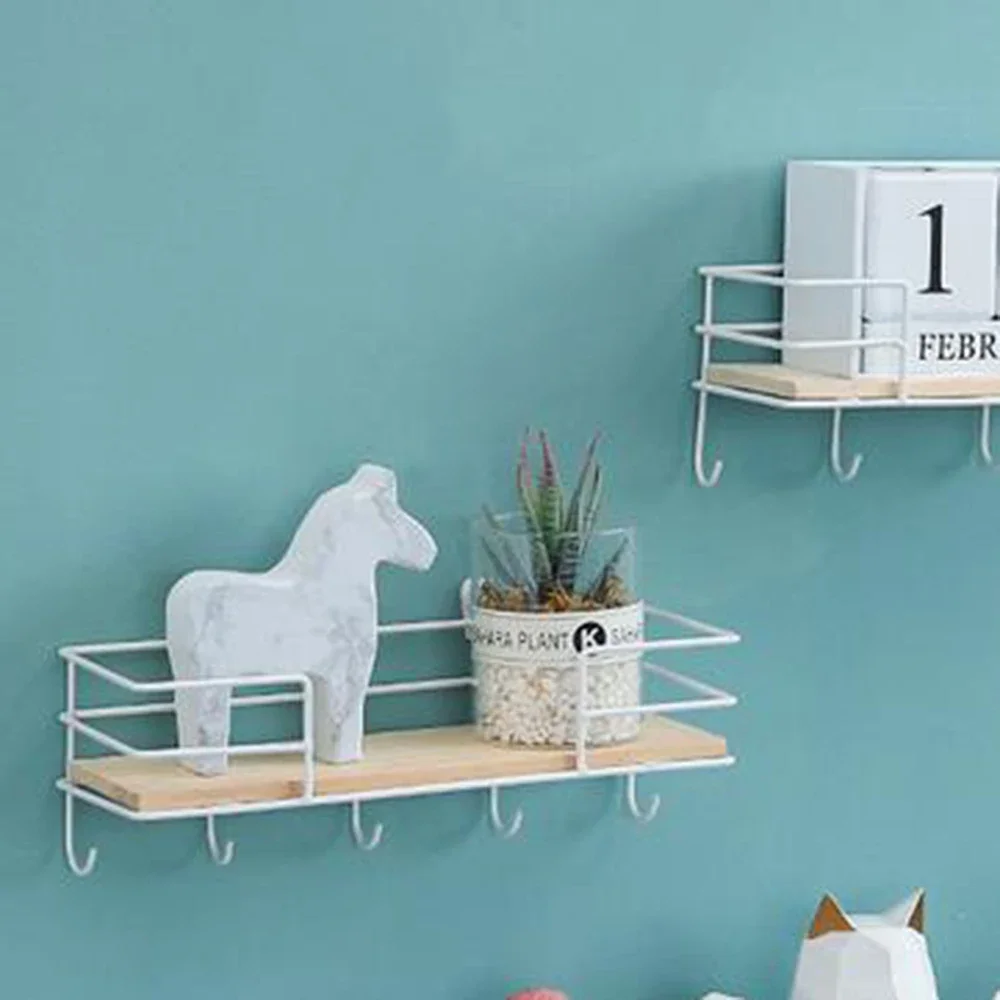 2pcs for  Iron+Wood Kitchen And Living Room Wall Decoration Key Hook Storage Rack Storage Shelf Hollow Design