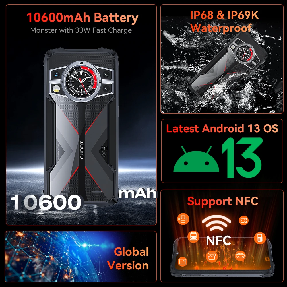 Cubot Kingkong 9 Rugged Smartphone 6.583 inch FHD+ Helio G99 Android 13 24GB+256GB 10600mAh Battery100MP Camera Phone