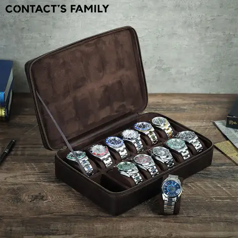 CONTACT'S FAMILY 빈티지 수제 소가죽 시계 케이스, 디스플레이 쥬얼리 정리함, 대용량 보관함, 지퍼, 12 슬롯