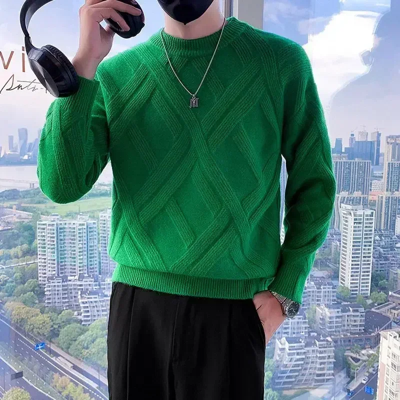 

Man Clothes Crewneck Solid Color Knitted Sweaters for Men Green Plain Pullovers Round Collar Sheap Korean Style Order Loose Fit