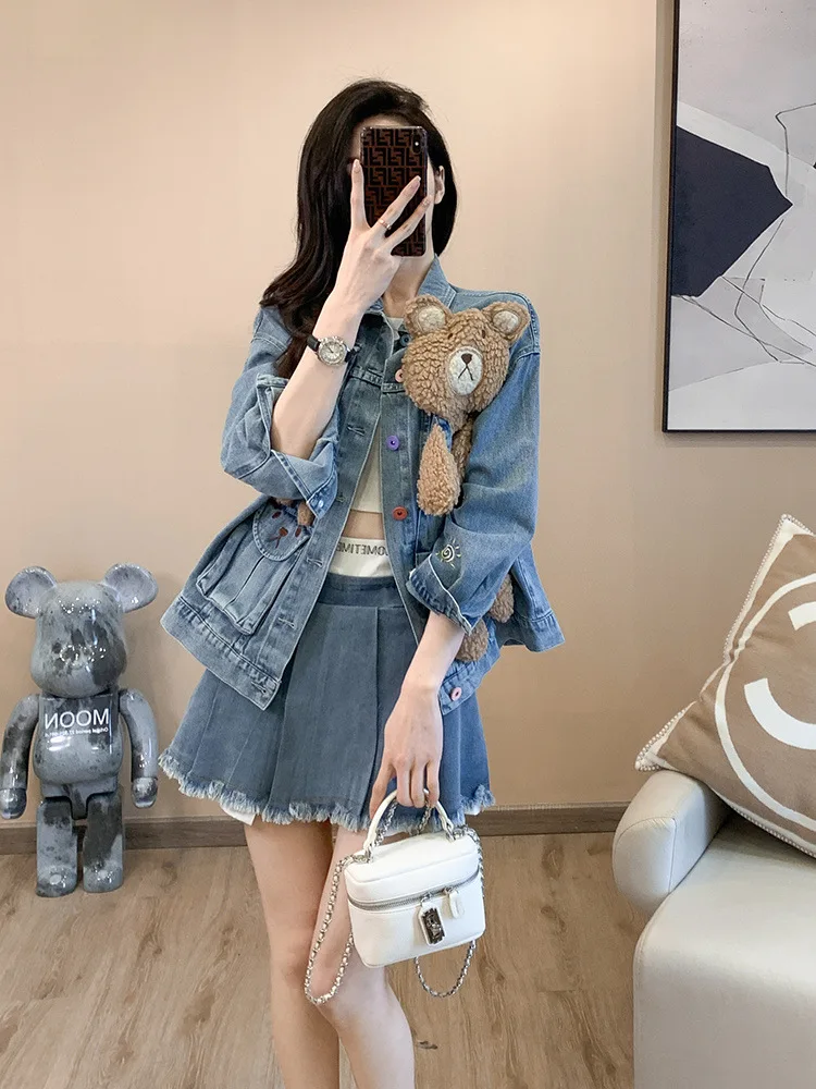 2025 Spring and Autumn New Women's Clothing Cute Design Korean Style Cartoon Bear Blue Casual Daily Denim Jacket