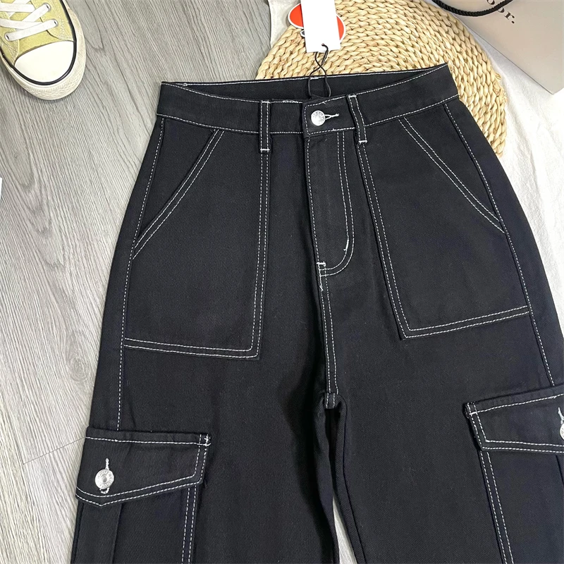 Retro Street Sle American High Waist Loose Fit Straight Leg Bla Waed Denim Jeans with Multiple kets for Women