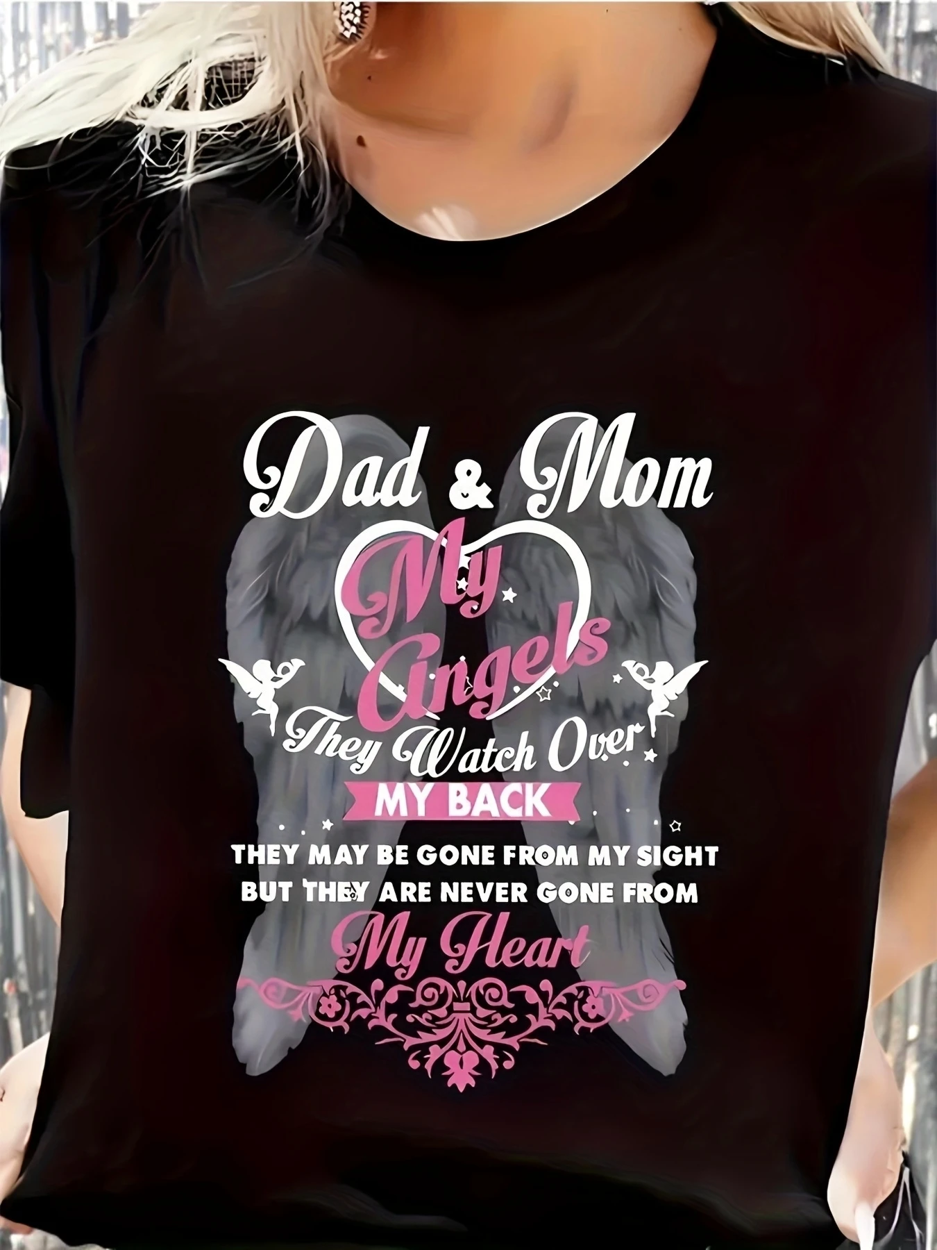 

Dad & Mom Angel Wings Tribute Tee - Soft, Breathable Round Neck Short Sleeve Top with Heartfelt Message