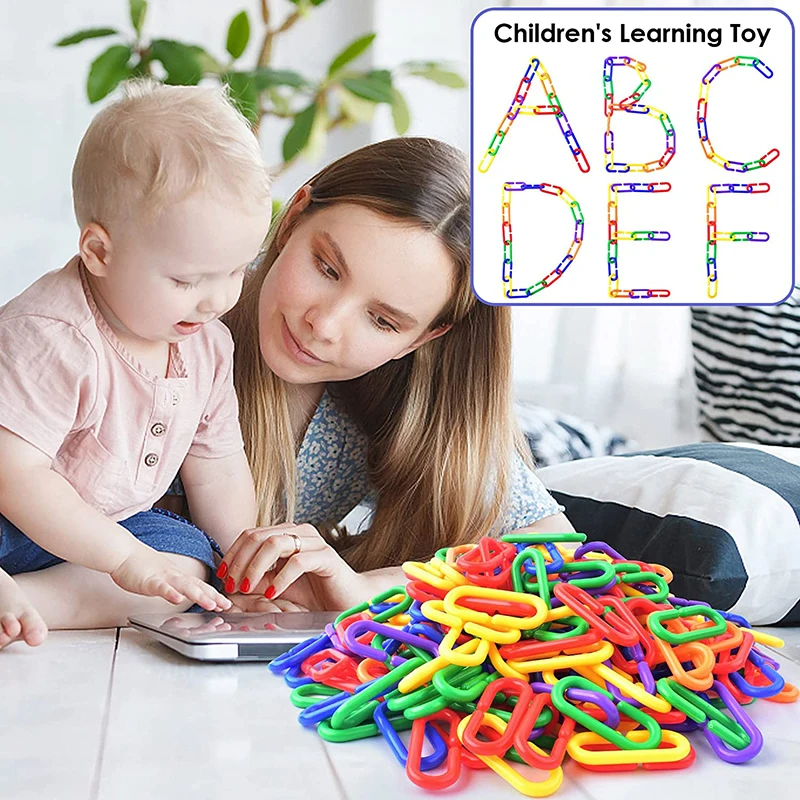 100Pcs Rainbow Geometric Chain Buckle Pet Training Sensory Toy Kids Puzzle Building Blocks C-shaped Hook Interactive Play Gift