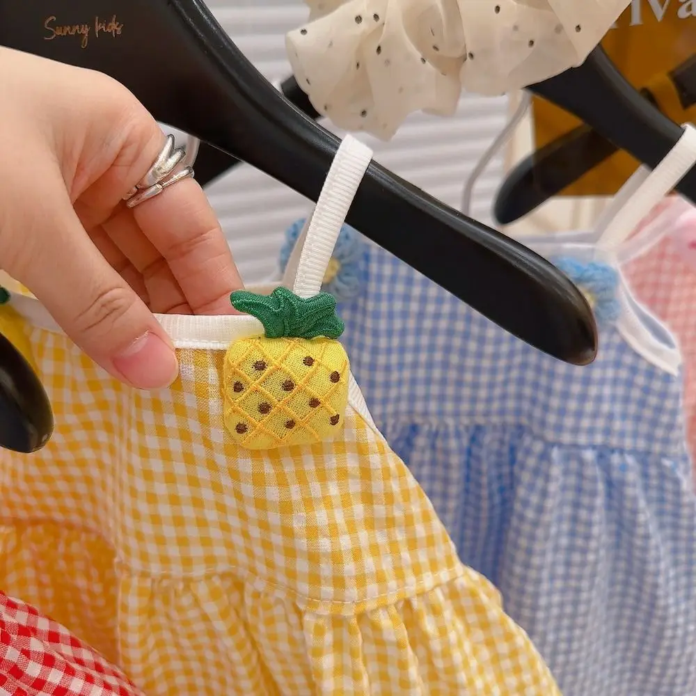 Gingham Pattern Girls Summer Dress Spaghetti Straps Fruit Applique Strap Dress Soft and Breathable Gathered Skirt