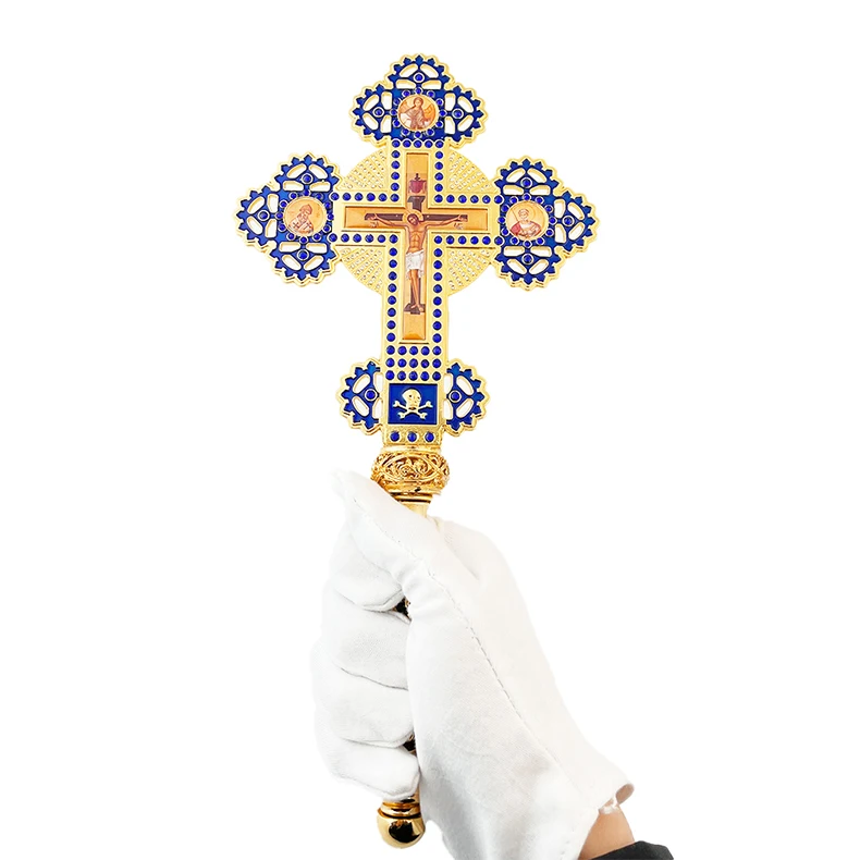 Neues Orthodoxes Segenskreuz aus Goldmetall mit Emaille und Strasssteinen, Ikonen-Kruzifix für Kirchen, religiöse Zeremonien, Altar-Gebetsdekoration, Geschenk – Detail 2
