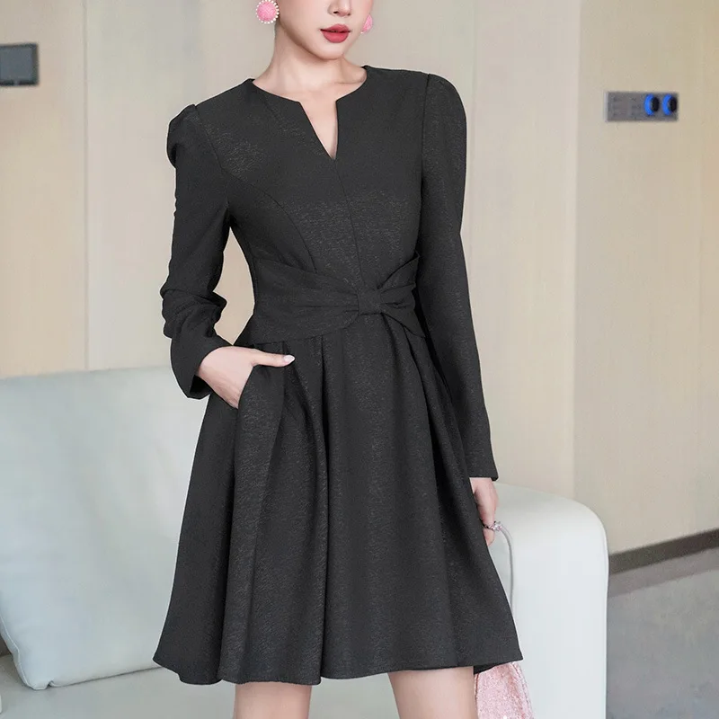 رمادي الفرنسية الخامس الرقبة فستان منفوش المرأة الخريف موضة القوس بسيط كم طويل أنيق الزفاف الحلو حفلة سيدة فستان قصير #3