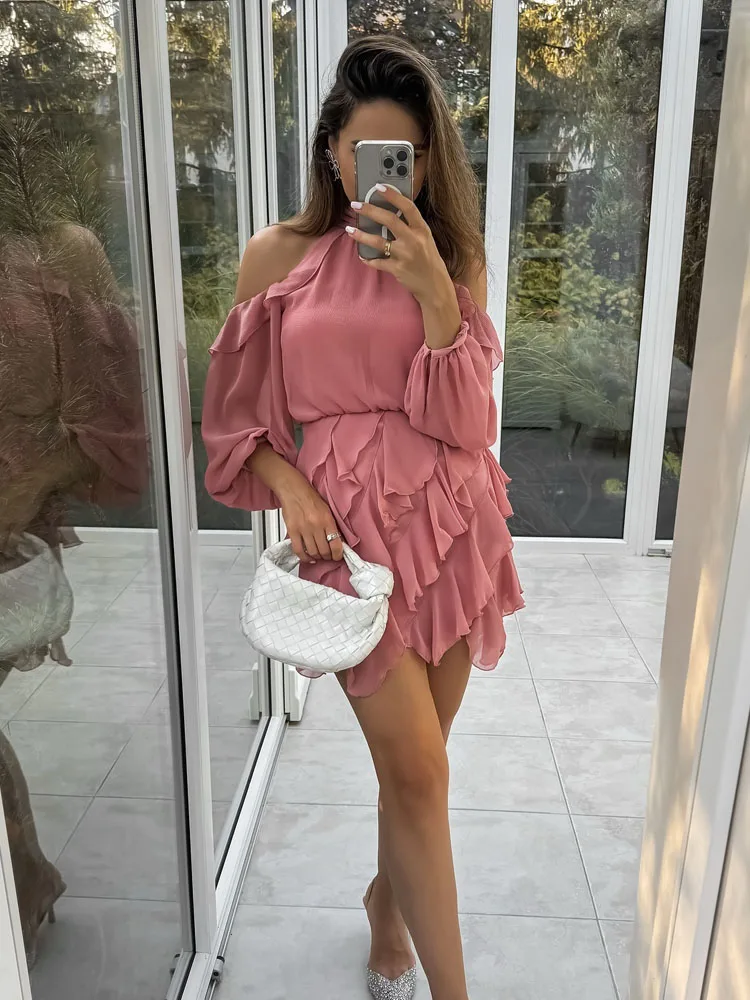 HH TRAF Summer Fashion Woman Solid Side Zipper Beach Mini Dress Women Crop Off Shoulder Folds Decorate Long Sleeve Slim Dress