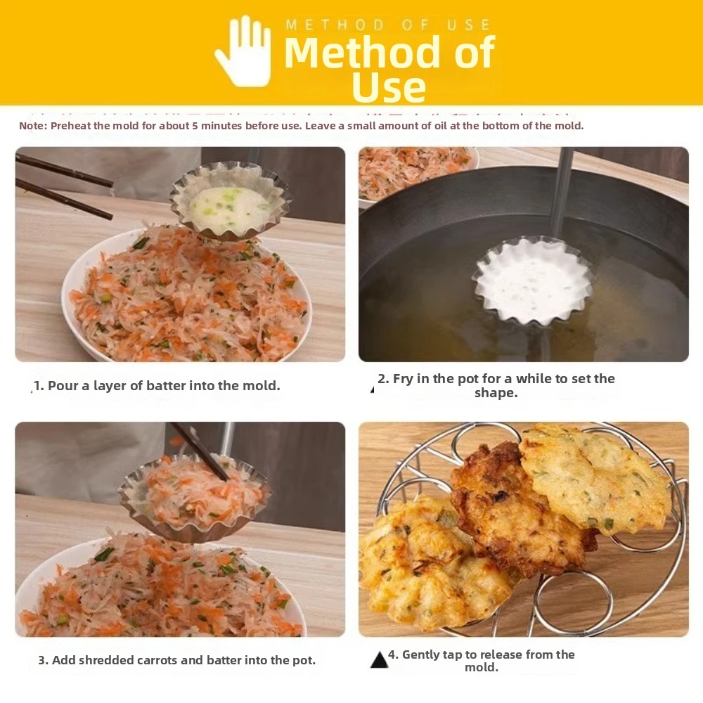 Non-Stick Fried Food Mold Wooden Handle Heat Resistant Shredded Radish Fritters Mold Stainless Steel Frying Pancake Spoon