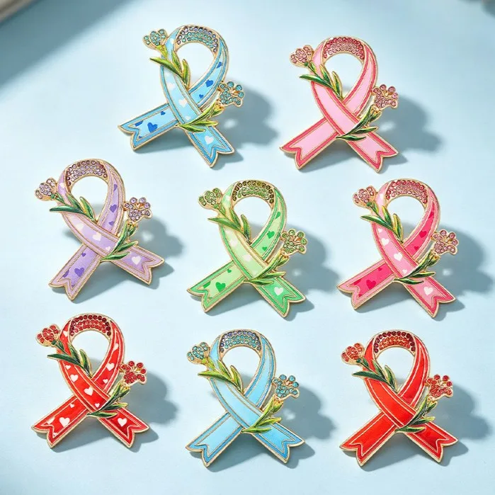 Caring themed red ribbon brooch, international symbol for prevention and control propaganda logo brooch chest flower for women