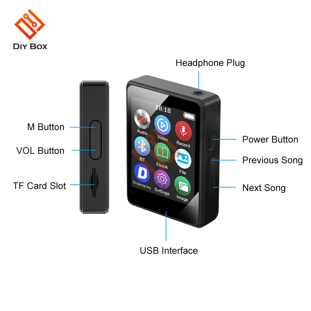 MP3 Music Player with Bluetooth 5.0 HiFi 1.77 Inch Full Screen Built-in Speaker Recorder Video Player E-book Mini Walkman