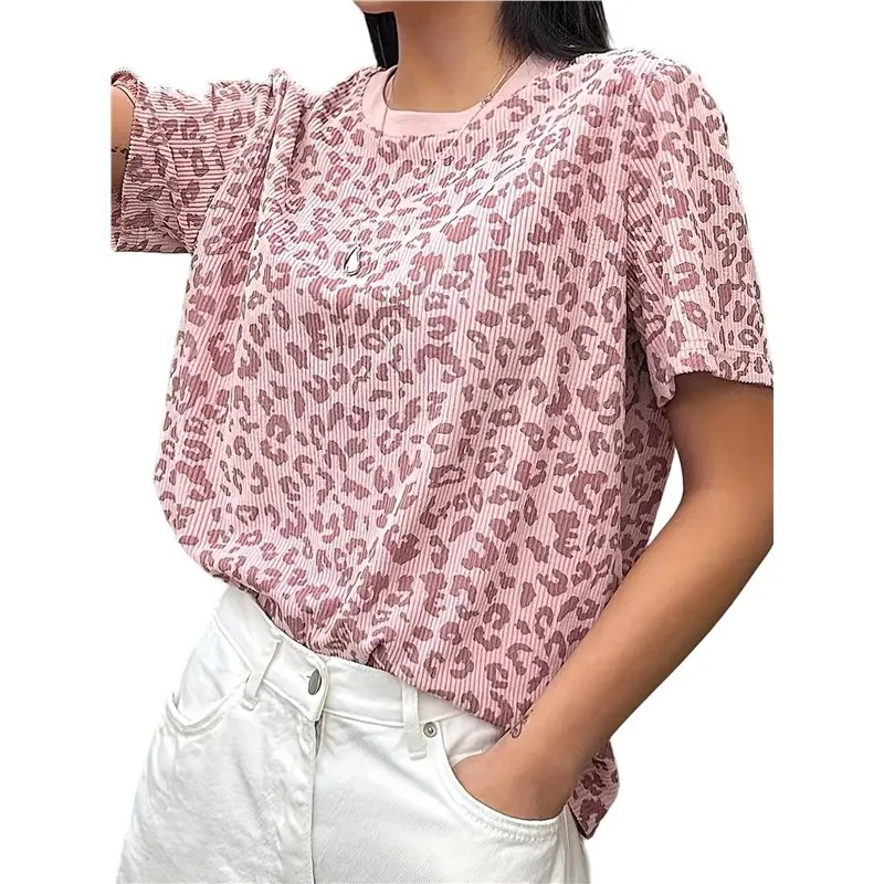 NEW-Women's Crew Neck Vertical Fine Texture All Over Leopard Print Loose Short Sleeve Casual T-Shirt