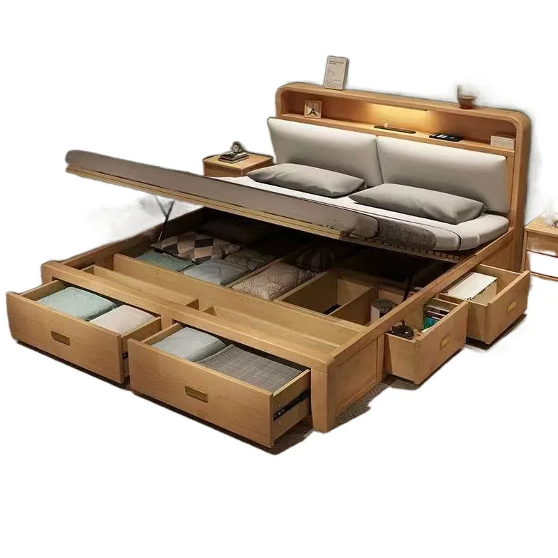 

Nordic, solid wood, bed modern simple storage, drawers, high box charging model