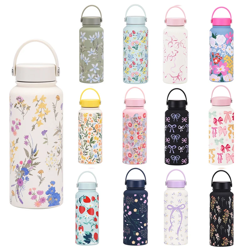 

1000ml Cute Thermos Bottle Large Floral Tumbler Stainless Steel Thermal Cup Portable Vacuum Sports Bottle Outdoor Water Bottle