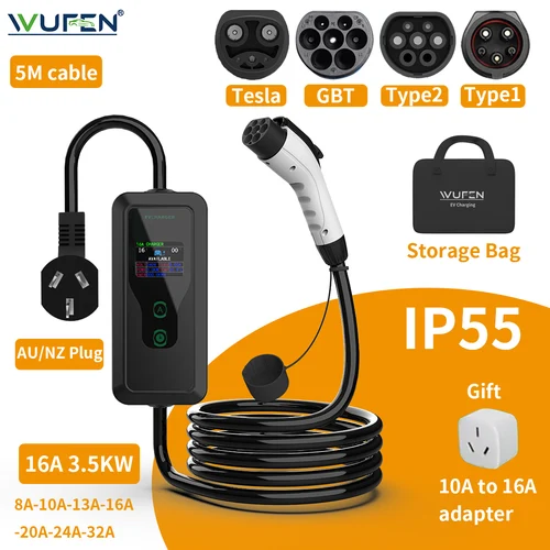 WUFEN AU/NZ 3,5 W 16A cargador EV portátil GBT EVSE caja de carga controlador Wallbox para corriente de carga de coche eléctrico ajustable