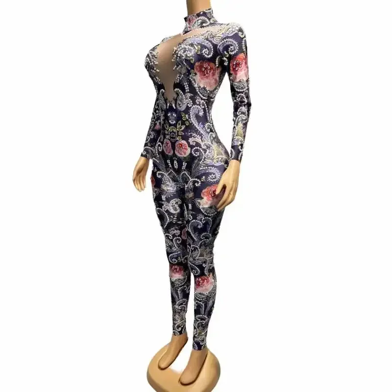 

Vegas Special Occasions Women Flower Crystals Birthday Stage Performance Drag Queen Jumpsuits Celebrate Rhinestone Festival Wear