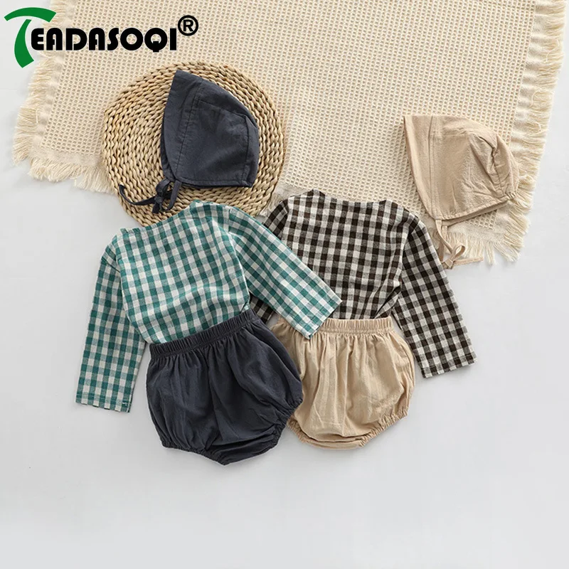 

2023 Autumn Spring Newborn Baby Boys Girls Plaid Top Shirts + Shorts + Hat - 3pcs 100% Cotton Clothing Set for Infant Kids