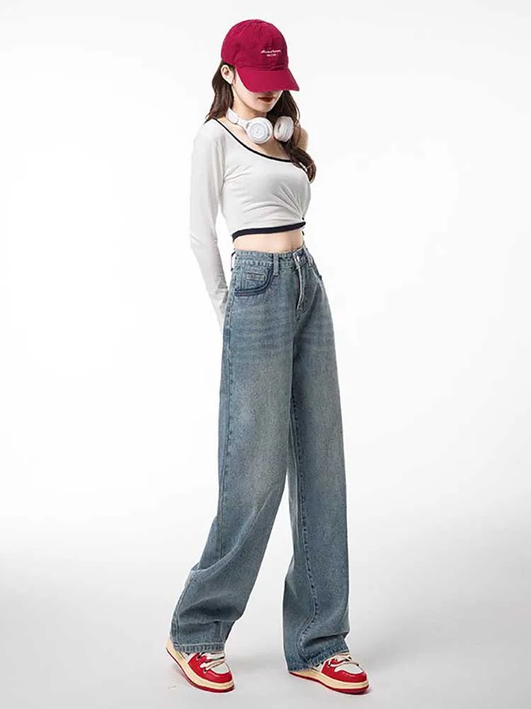 Pantalones vaqueros informales de pierna recta para mujer, Jeans holgados de cintura alta y larga Harajuku para novio