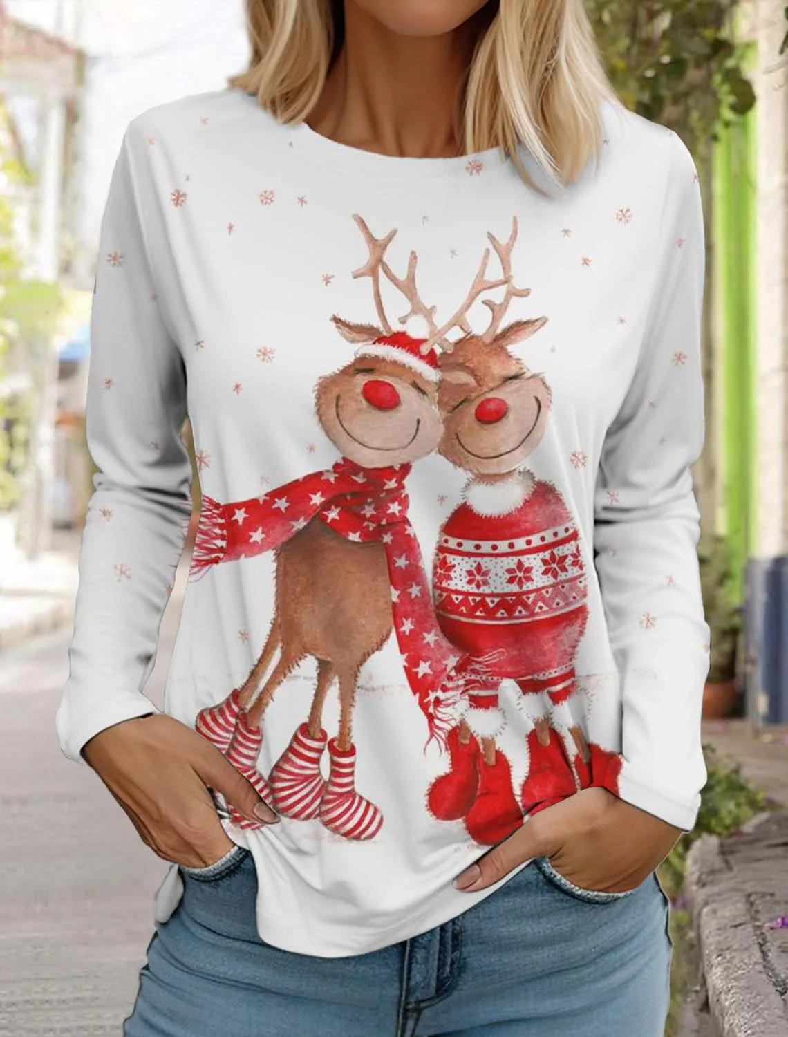 Christmas Moose Women's Long Sleeved T-shirt Casual Holiday Fashion Autumn Holiday gifts Tops Harajuku Clothing Women's Clothing