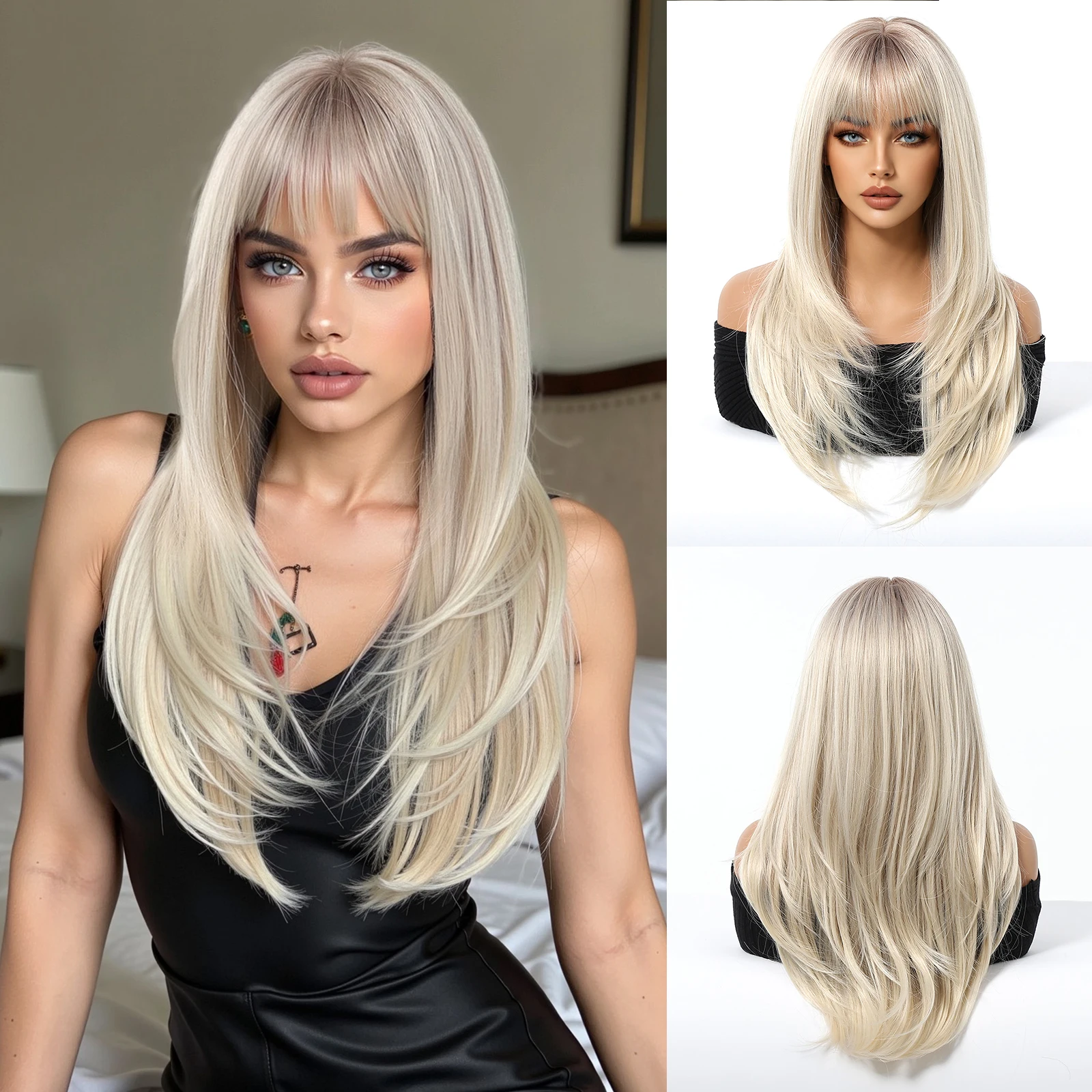 EASIHAIR Lange blonde synthetische Perücken für Frauen, gerade, geschichtete Naturhaar-Perücken mit Pony, hitzebeständige Perücken für den täglichen Gebrauch – Detail 7