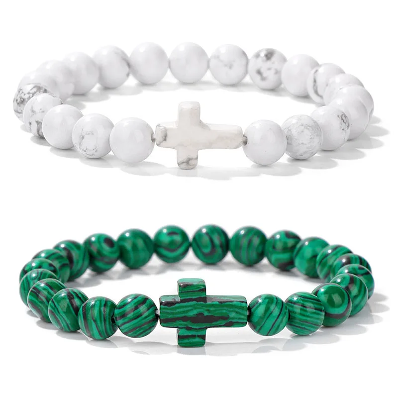 8mm Beads Religious Cross Bracelet for Women Men Natural Stone Turquoises Malachite Opal Beaded Charm Bracelets Prayer Jewelry