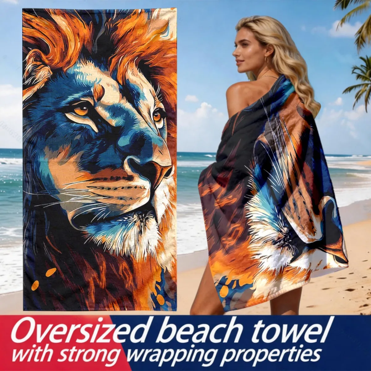 

Colorful style lion head statue polyester microfiber beach towel is highly absorbent, suitable for swimming and beach outings