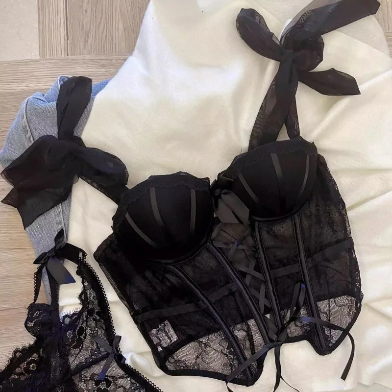 Conjunto de lencería sexy de encaje: Top halter con diseño de espina de pescado y almohadillas, parte inferior fina y parte superior gruesa, para mujer.