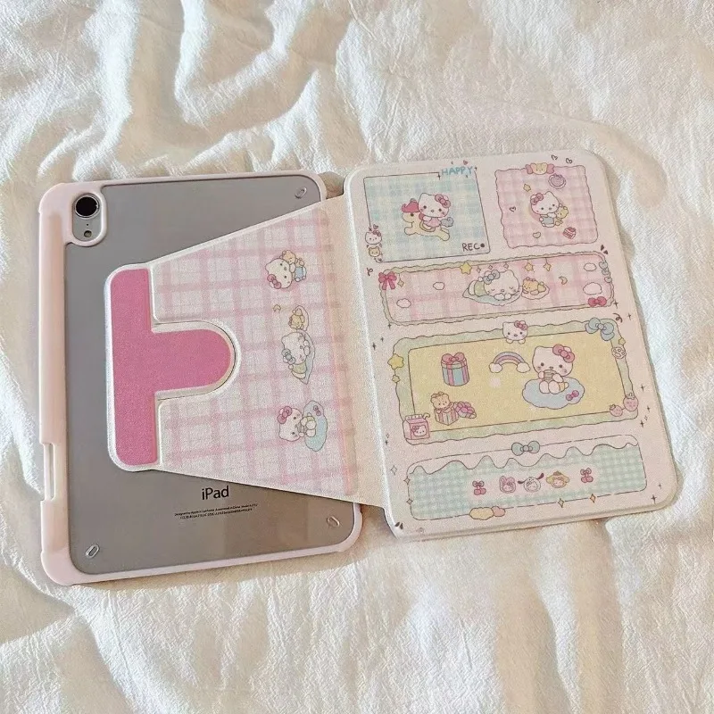 Kawaii Hello Kitty IPad Protective Case Anime Apply To IPad5/6/7/8/9 Ipadpro18/19/20/24 Air1/2/3/4/5 Rotatable with Pen Slot New