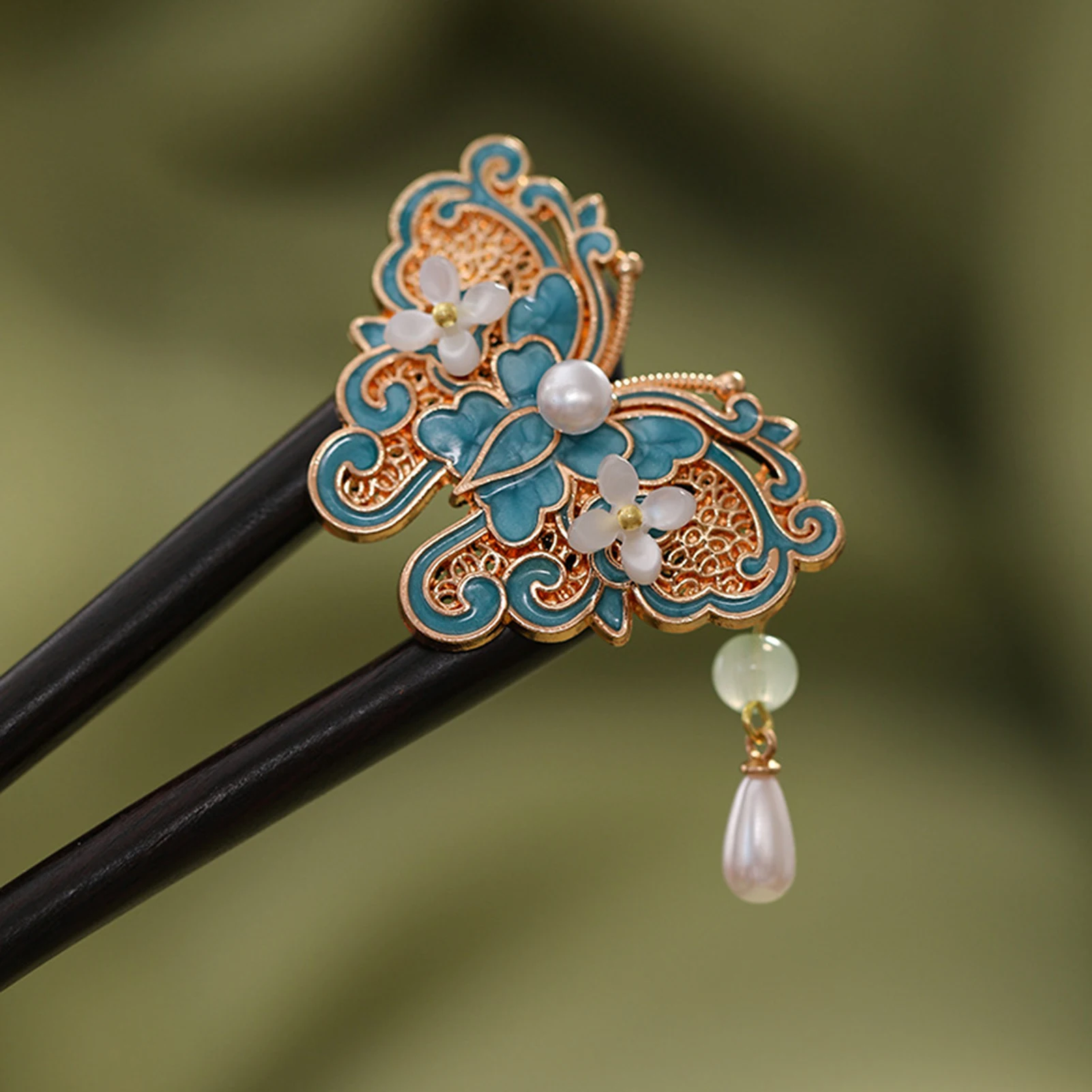 دبوس شعر على شكل حرف U على الطراز الصيني للنساء أنيق عتيق من خشب الصندل على شكل فراشة شرابة دبوس شعر خشبي فاخر خفيف #5