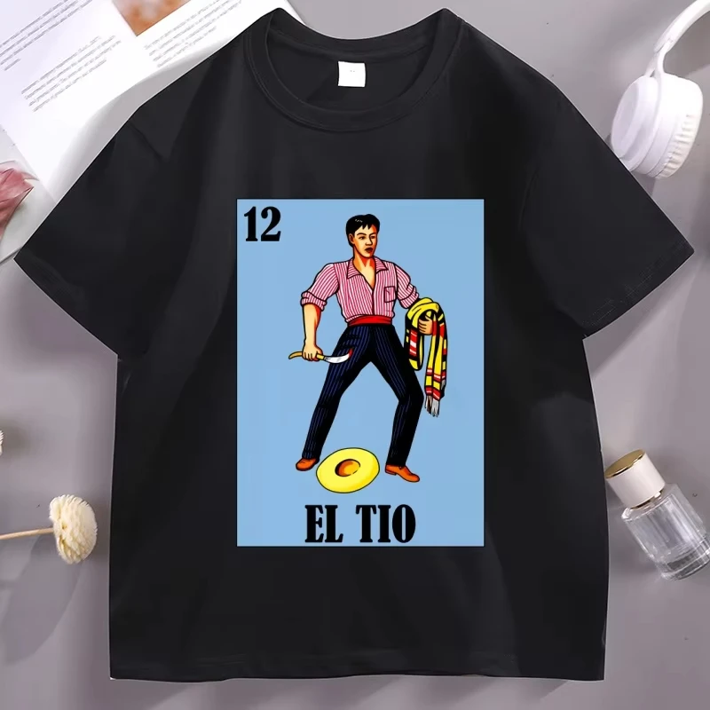Camiseta mexicana con estampado de la lotería El Tio para mujer, camiseta informal de algodón puro de manga corta con cuello redondo, ropa de calle para hombre