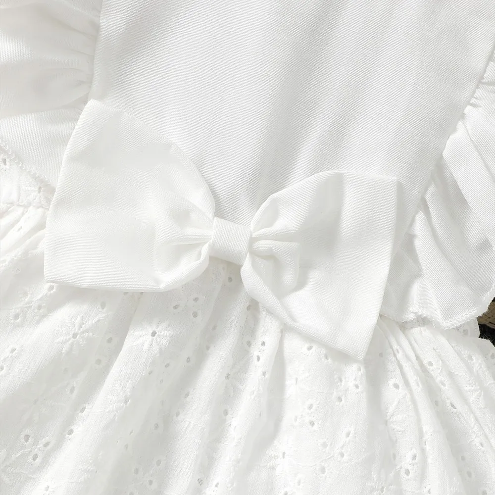 فساتين الخريف الطفل بأكمام طويلة الأبيض الجوف خارج فستان بسيط مع القوس الكبير الزفاف زهرة فتاة زي للطفل فتاة 6-24 أشهر