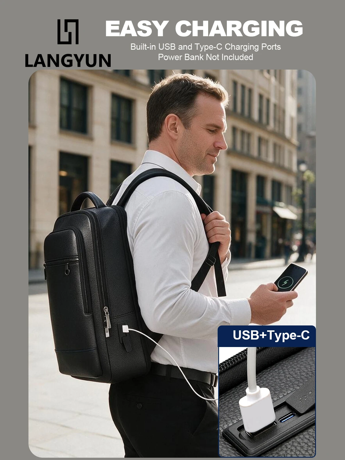 LANGYUN High Quality Waterproof PU Leather Casual Backpack Large Capacity Multi-functional 15.6-inch Laptop Bags