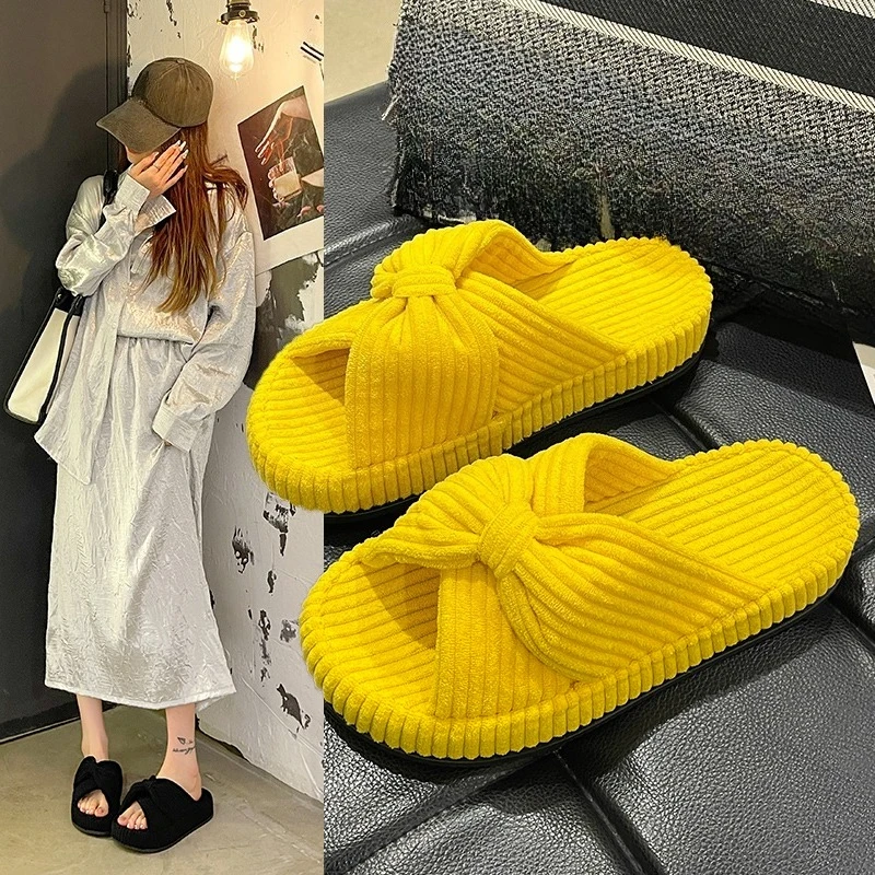 Candy Color Cotton Slippers Women Bowknot Home Slides Shoes Open Toe Flannel Slippers Female Platform Pantuflas Warm Mules