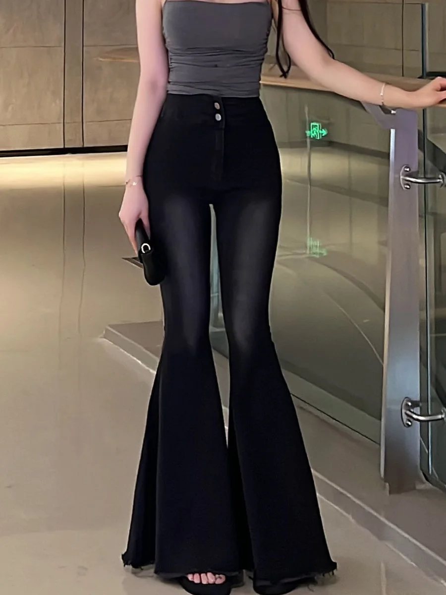 High Waist Slimming Black Bell Bottom Jeans Women's Autumn New Style Lengthening High Quality Floor Length Trousers