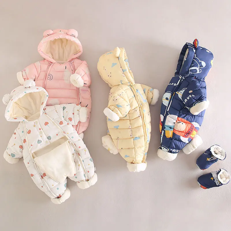 2024 Winter Warm NewBorn Baby 3M 6M 9M 12M 18M 24M Toddler Kids Plus Velvet Jumpsuit Pattern Thick Boys Girls Rompers With Shoes