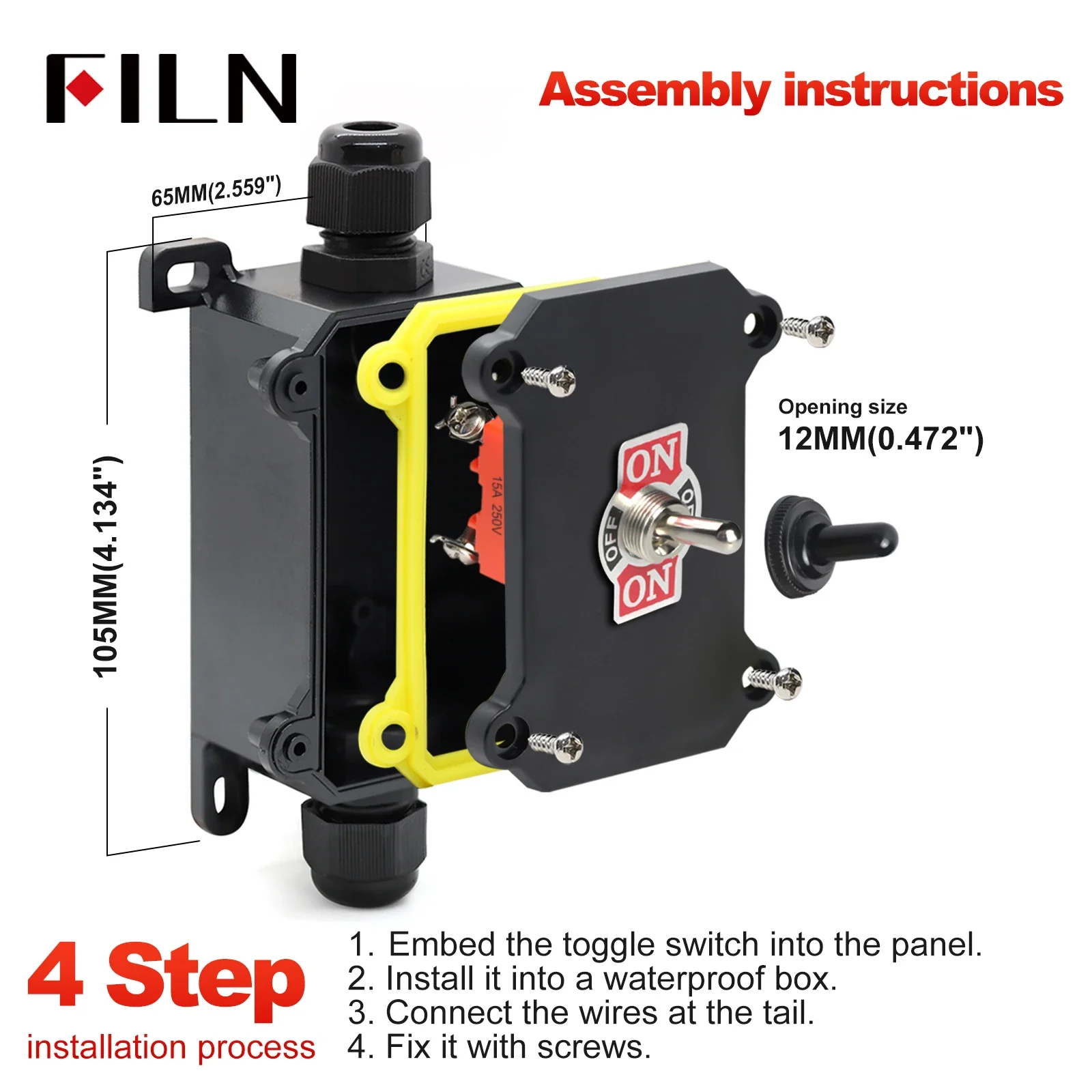 

FILN 15A 250V Industrial Toggle Switch Waterproof Box Set SPST SPDT IP66 Dustproof ON/OFF for Marine Vessels Outdoor Machinery