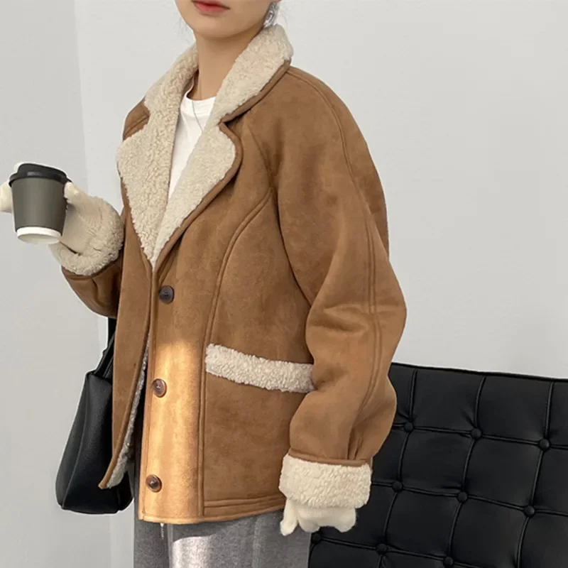 

Women's Shearling Fur Thermal Lined Suede Coat Autumn Winter Thickened Warm Motorcycle Jacket 1.3kg