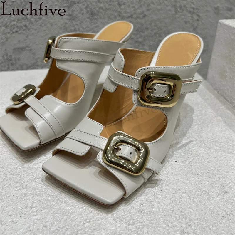 

2024 Summer New Buckle Design Thin High Heel Slippers Woman Square Peep Toe Fashion Real Leather Slippers Luxury Brand Slippers