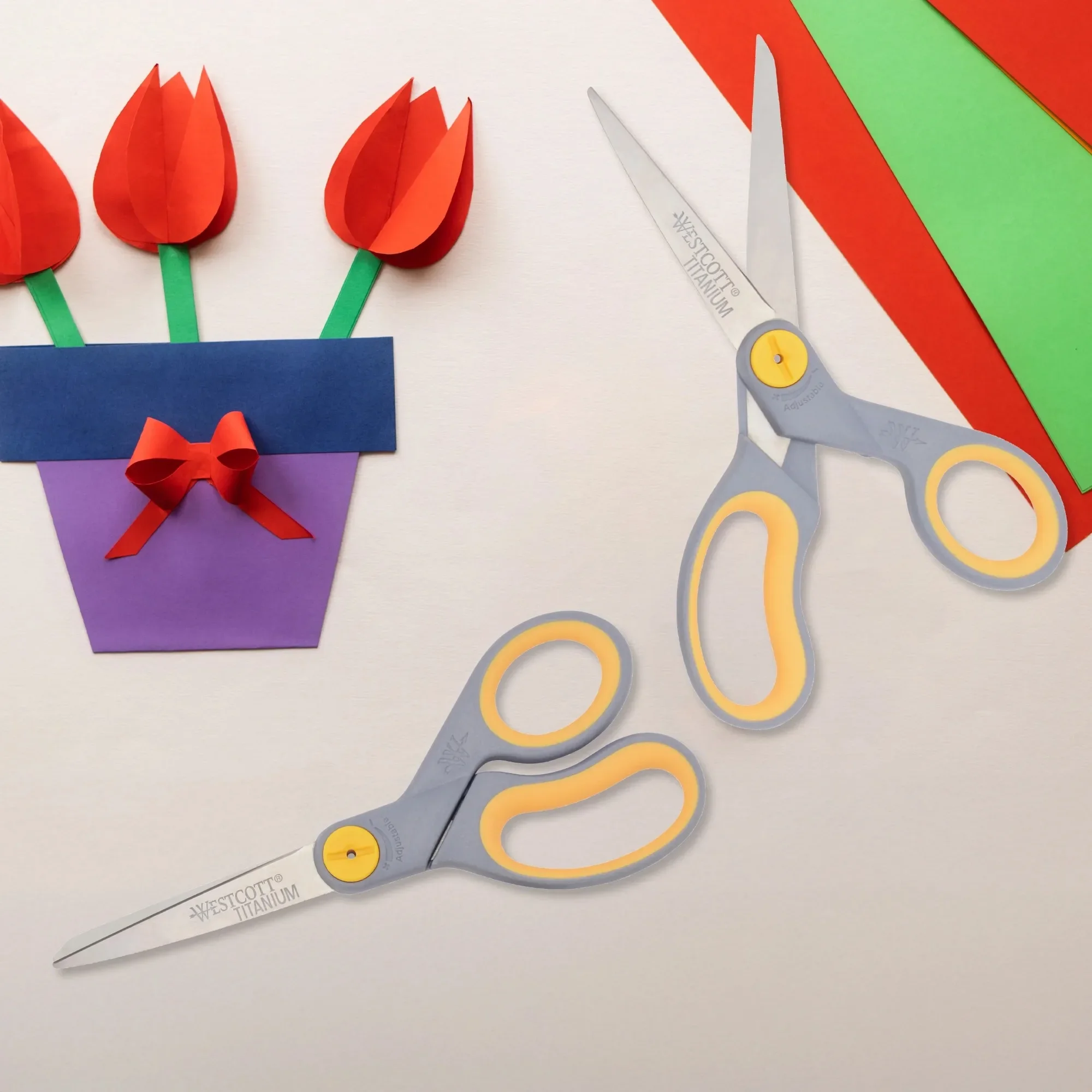 Westcott チタンボンディング調整可能なグライドはさみ、8 インチ、グレー & イエロー、オフィス用、2 個パック